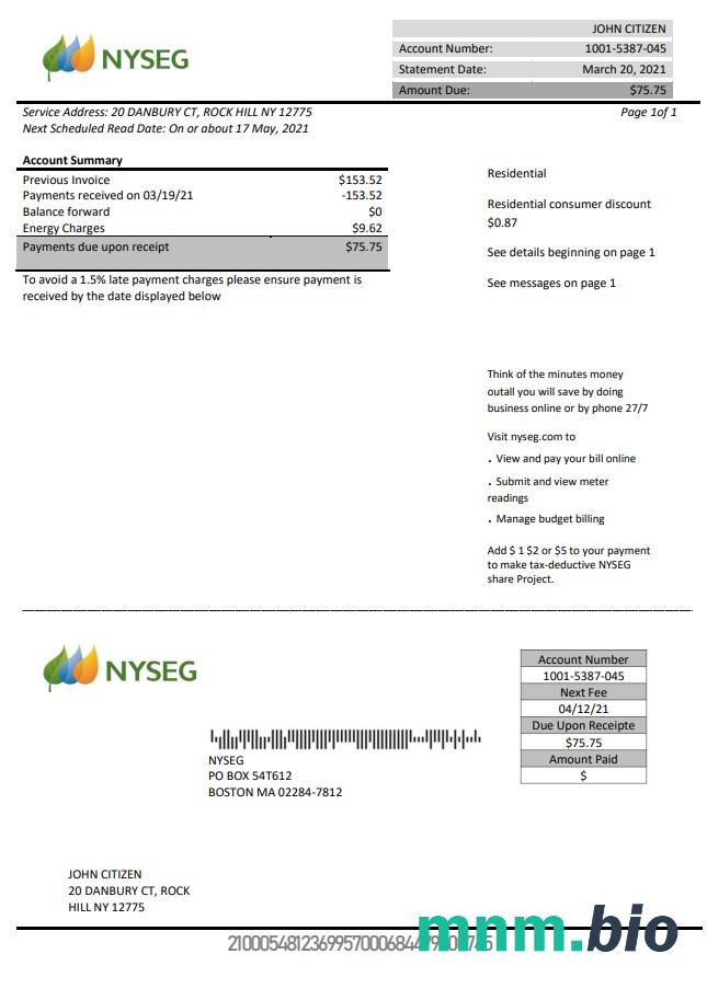 USA Massachusetts Boston NYSEG szablon rachunku za energię elektryczną w formacie Word i PDF
